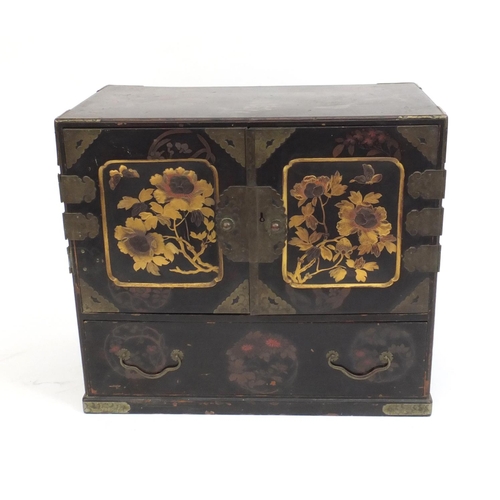 2222 - Oriental black lacquered seven drawer cabinet hand painted with flowers and butterflies, 34cm high x... 