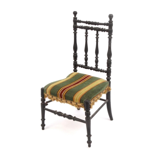 2053 - Childs ebonised chair with striped upholstered seat, 72cm high