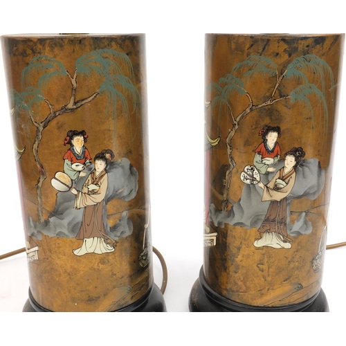 2209 - Pair of Oriental lacquered desk lamps, decorated with figures in a landscape setting, each 58cm high