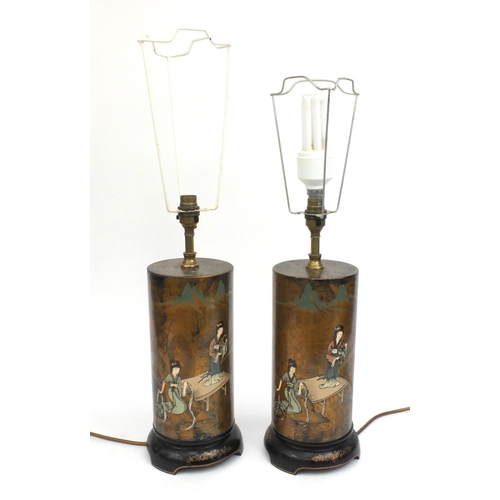 2209 - Pair of Oriental lacquered desk lamps, decorated with figures in a landscape setting, each 58cm high