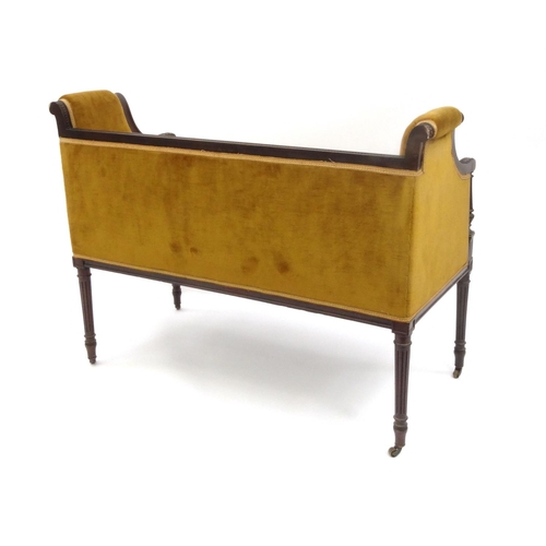 2009 - Carved mahogany French empire style two seater settee with gold upholstery, 84cm high x 110cm wide x... 