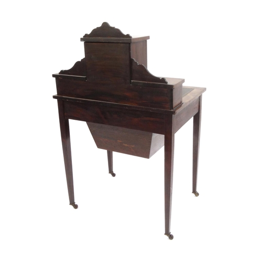 2008 - Edwardian inlaid rosewood ladies sewing desk, with tooled leather top and raised on tapering legs, 1... 