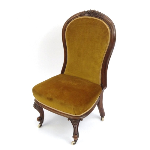 2036 - Victorian carved walnut bedroom chair with gold upholstery, 87cm high