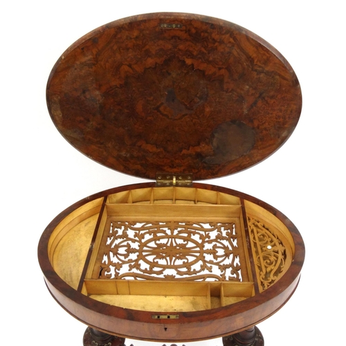 2012 - Burr walnut work table with hinged lid, 74cm high x 61cm wide x 42cm deep
