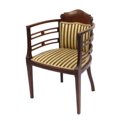 2015 - Edwardian inlaid mahogany tub chair with striped upholstery, 80cm high