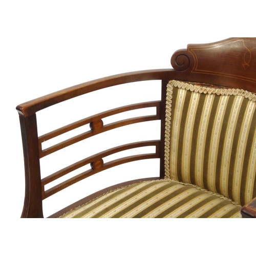 2015 - Edwardian inlaid mahogany tub chair with striped upholstery, 80cm high