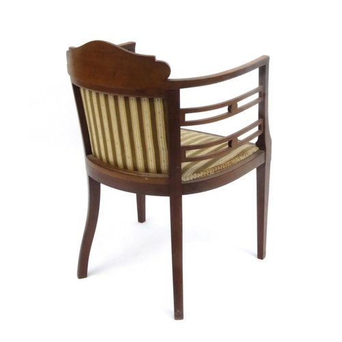 2015 - Edwardian inlaid mahogany tub chair with striped upholstery, 80cm high