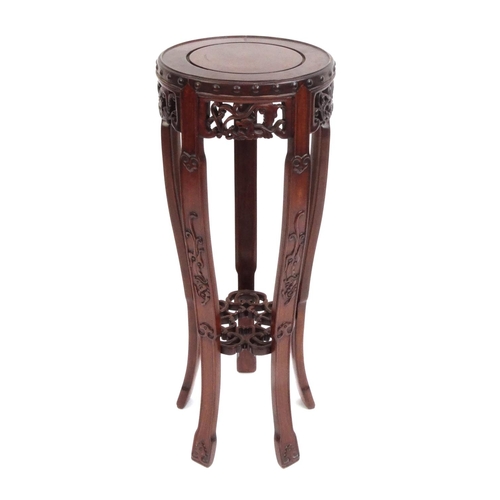2023 - Chinese hardwood plant stand carved with flowers and mythical creatures with under tier, 85cm high x... 
