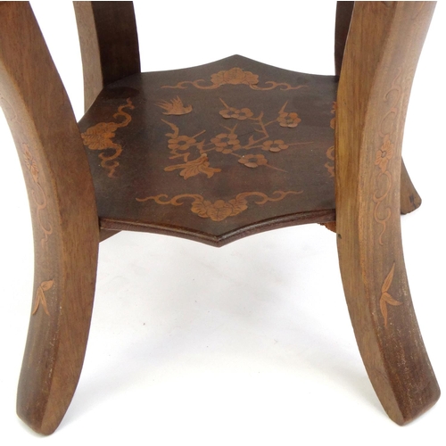 2048 - Chinese inlaid hardwood stool carved with bats amongst foliage, with under tier, 46cm high x 33cm in... 