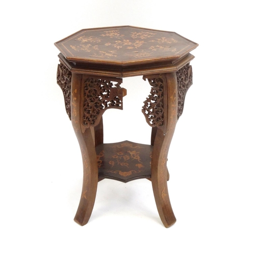 2048 - Chinese inlaid hardwood stool carved with bats amongst foliage, with under tier, 46cm high x 33cm in... 