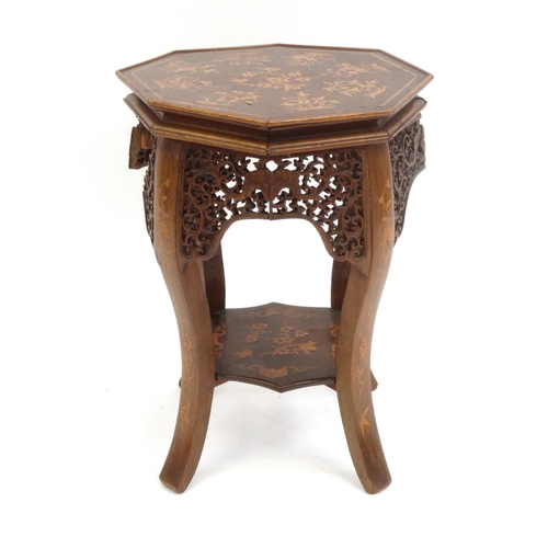 2048 - Chinese inlaid hardwood stool carved with bats amongst foliage, with under tier, 46cm high x 33cm in... 