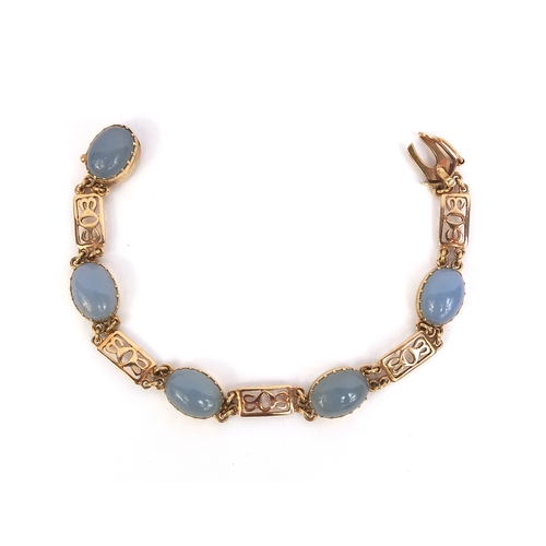 809 - 9ct gold cabochon blue agate bracelet, 20cm long, approximate weight 17.2g