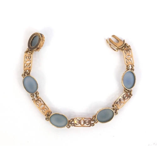 809 - 9ct gold cabochon blue agate bracelet, 20cm long, approximate weight 17.2g