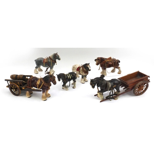 2237 - Group of china shire horses including two pulling carts, the longest 61cm long