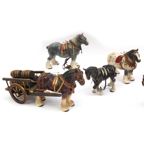 2237 - Group of china shire horses including two pulling carts, the longest 61cm long