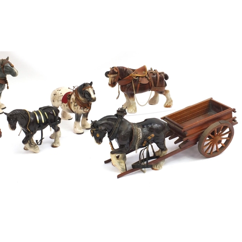 2237 - Group of china shire horses including two pulling carts, the longest 61cm long