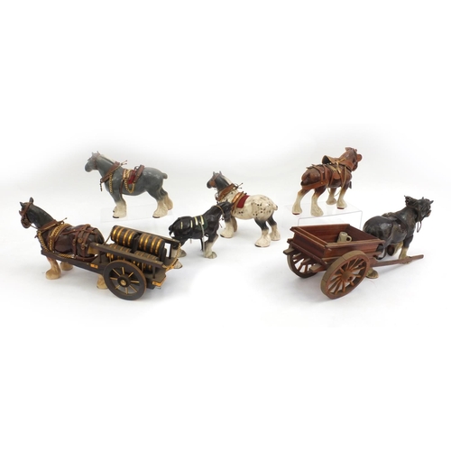 2237 - Group of china shire horses including two pulling carts, the longest 61cm long