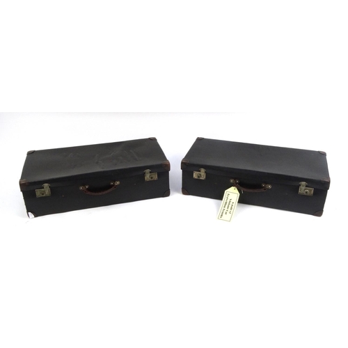 2103 - Two vintage car travelling trunks with leather carrying handles, each 23cm high x 80cm wide