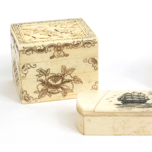 2358 - Three Oriental bone boxes, two with hinged lids, one decorated with fish the other with birds and on... 