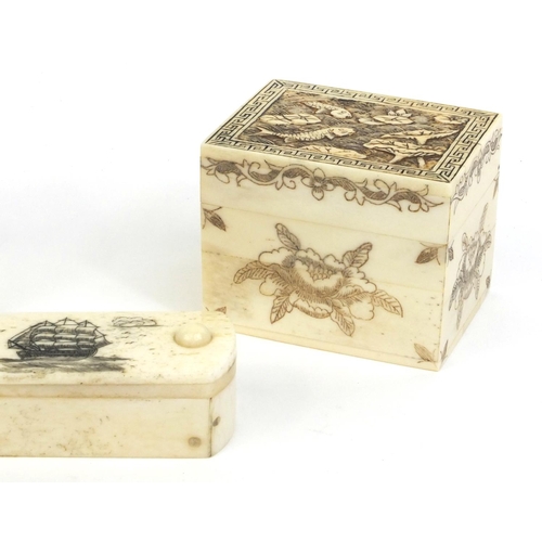 2358 - Three Oriental bone boxes, two with hinged lids, one decorated with fish the other with birds and on... 