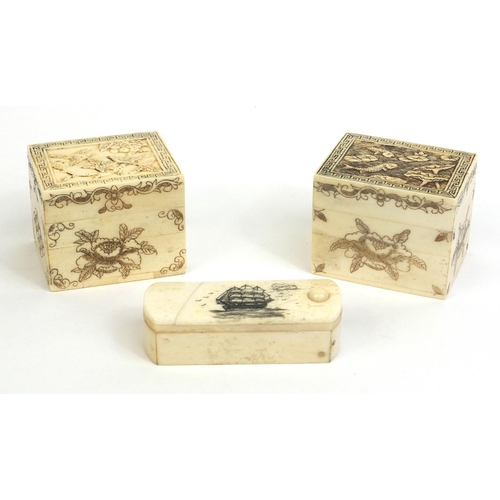 2358 - Three Oriental bone boxes, two with hinged lids, one decorated with fish the other with birds and on... 