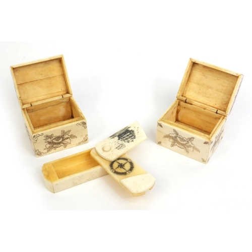 2358 - Three Oriental bone boxes, two with hinged lids, one decorated with fish the other with birds and on... 