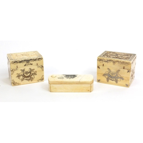 2358 - Three Oriental bone boxes, two with hinged lids, one decorated with fish the other with birds and on... 