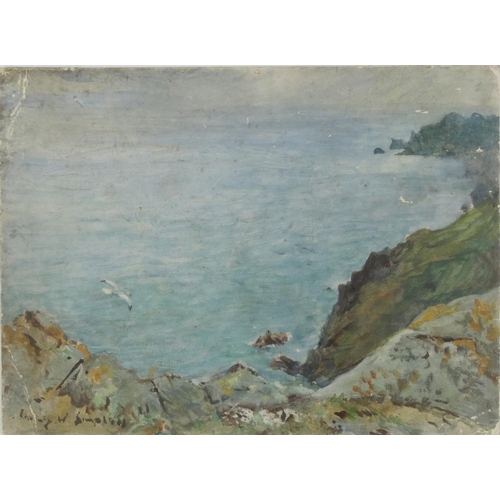 2250 - Unframed oil onto canvas board view of a sea scape, bearing a signature Charles W Simpson, 40cm x 30... 