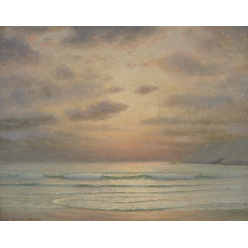 2343 - Oil onto board view of a sunlit seascape, bearing a signature Charles D Tracy, mounted and framed, 5... 