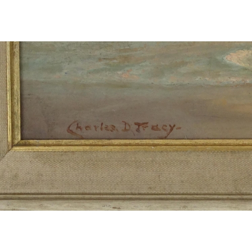 2343 - Oil onto board view of a sunlit seascape, bearing a signature Charles D Tracy, mounted and framed, 5... 