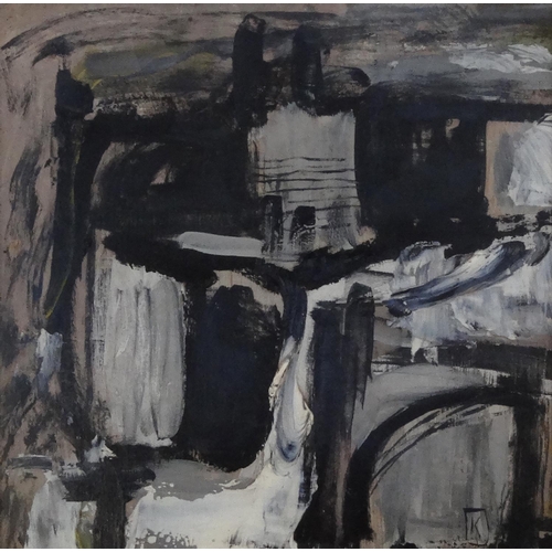 2345 - Oil monochrome onto board abstract composition, bearing a monogram K and an inscription to the rever... 