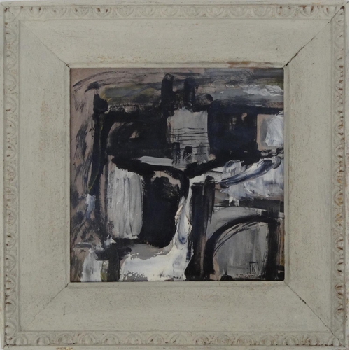 2345 - Oil monochrome onto board abstract composition, bearing a monogram K and an inscription to the rever... 