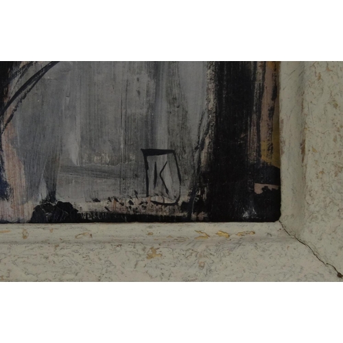 2345 - Oil monochrome onto board abstract composition, bearing a monogram K and an inscription to the rever... 