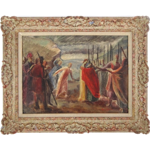 2342 - Oil onto board view of a historical scene, bearing a signature Gavier? Ornately framed, 39cm x 30cm ... 