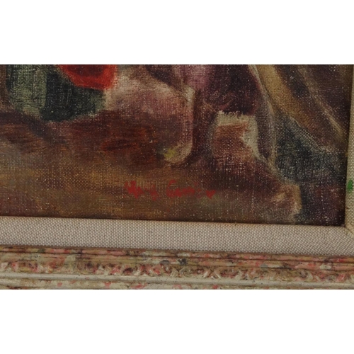 2342 - Oil onto board view of a historical scene, bearing a signature Gavier? Ornately framed, 39cm x 30cm ... 