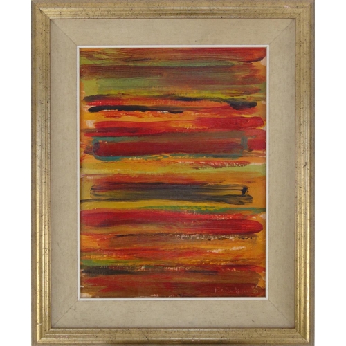 2348 - Oil onto board abstract composition, bearing a signature Patrick Henson dated April '57, mounted an ... 