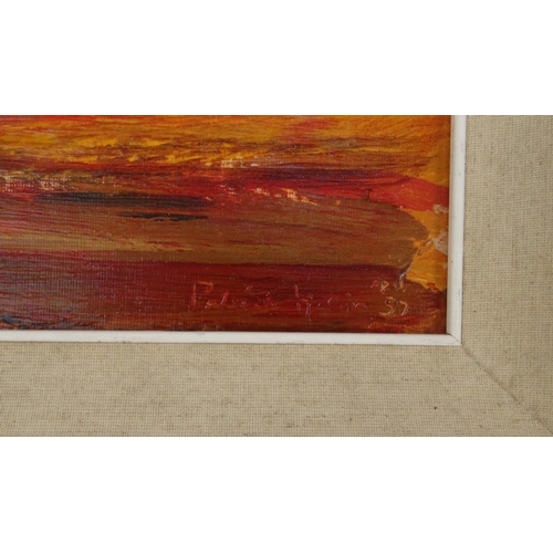 2348 - Oil onto board abstract composition, bearing a signature Patrick Henson dated April '57, mounted an ... 