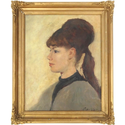 2374 - Oil onto board portrait of a girl, bearing an indistinct signature, gilt framed, 48cm x 37cm excludi... 