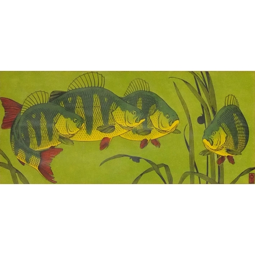 2246 - A W Seaby - Mixed media study of three fish in green water, monogramed, mounted and framed, Chichest... 