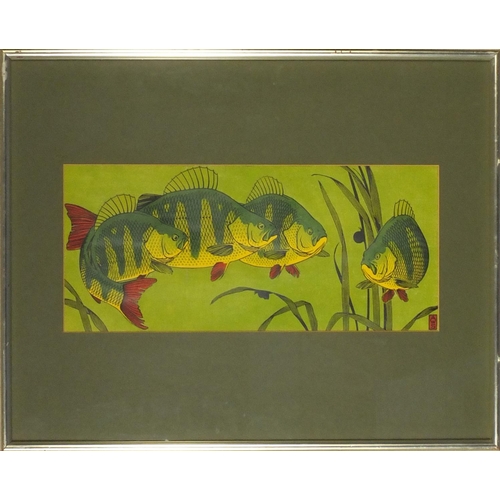 2246 - A W Seaby - Mixed media study of three fish in green water, monogramed, mounted and framed, Chichest... 