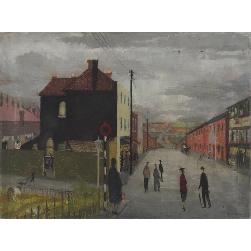 2347 - Unframed oil onto canvas view of a street scene, bearing an indistinct signature Nun Y...? Part labe... 