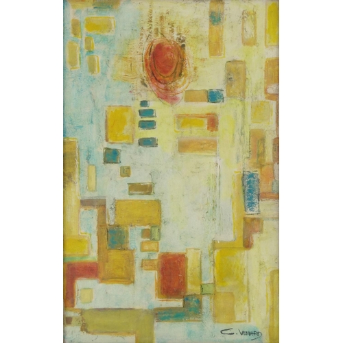 2127 - Oil onto board abstract composition of geometric shapes, bearing a signature C.Venard, mounted and f... 