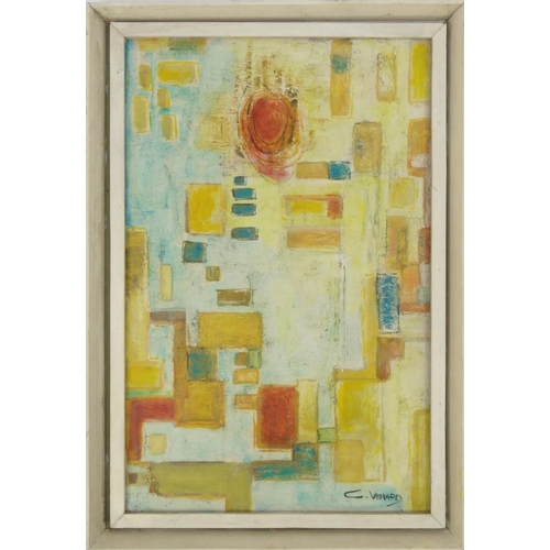 2127 - Oil onto board abstract composition of geometric shapes, bearing a signature C.Venard, mounted and f... 