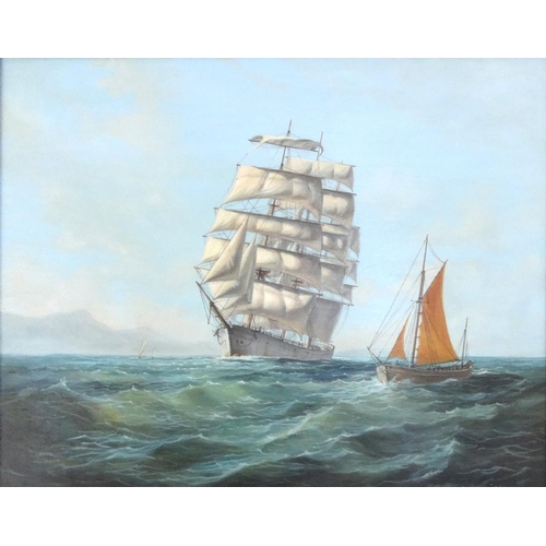 2340 - Bernard Page - Oil onto board view of a rig sailing ship on a stormy sea, gilt framed, 48cm x 41cm e... 