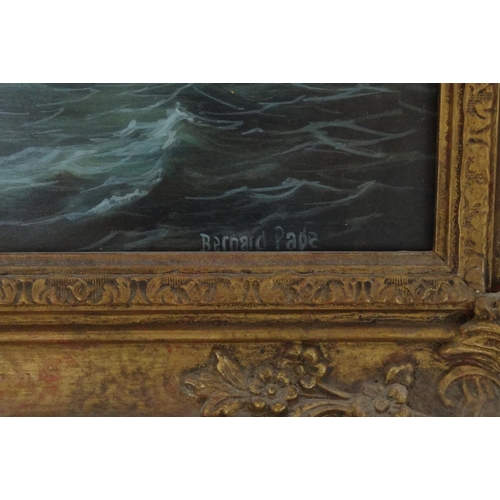 2340 - Bernard Page - Oil onto board view of a rig sailing ship on a stormy sea, gilt framed, 48cm x 41cm e... 