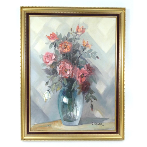 33 - Large oil on canvas view of still life flowers in a vase signed D.Rolla, 80cm x 60cm excluding the f... 
