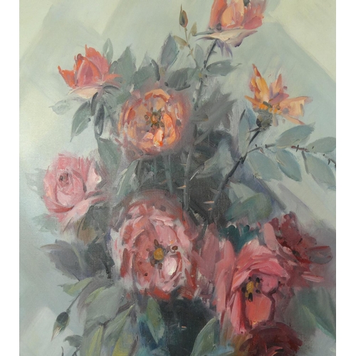 33 - Large oil on canvas view of still life flowers in a vase signed D.Rolla, 80cm x 60cm excluding the f... 