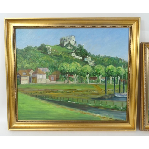 31 - A Pettit - Two oil on canvas views of French landscapes, both gilt framed, the larger 60cm x 50cm ex... 