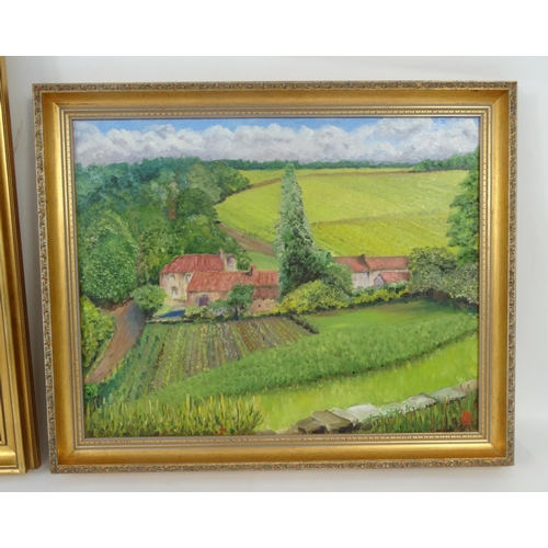 31 - A Pettit - Two oil on canvas views of French landscapes, both gilt framed, the larger 60cm x 50cm ex... 