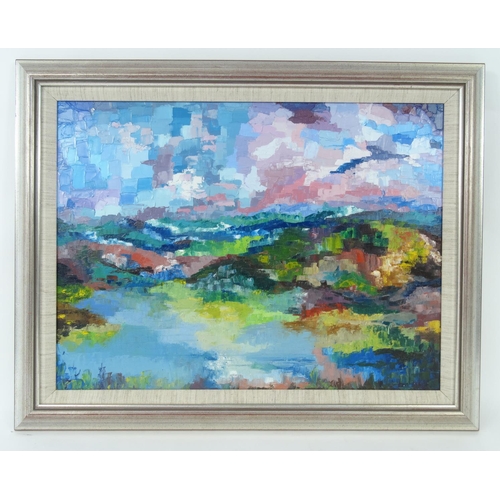 48 - A.Pettit - Heavy impasto oil on canvas abstract landscape scene, titled 'The Lake', contemporary fra... 